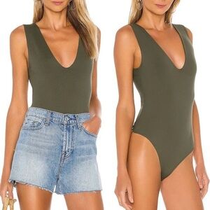 Free People Deep V Neck Thong Bodysuit Green Olive Army  Size Large